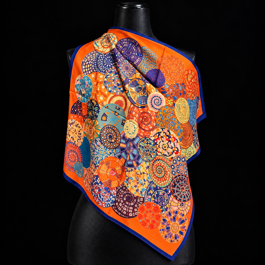 Leichtes Viskose-Tuch in Orange mit Mandala-Print 55 x 55 cm