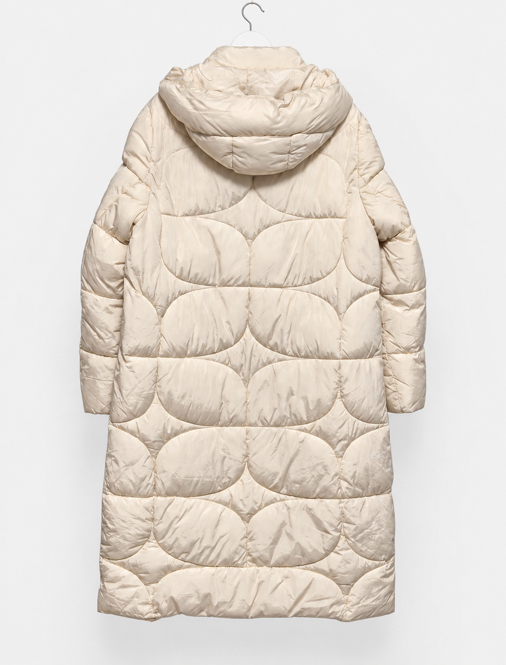 Langer Steppmantel mit Kapuze in Creme