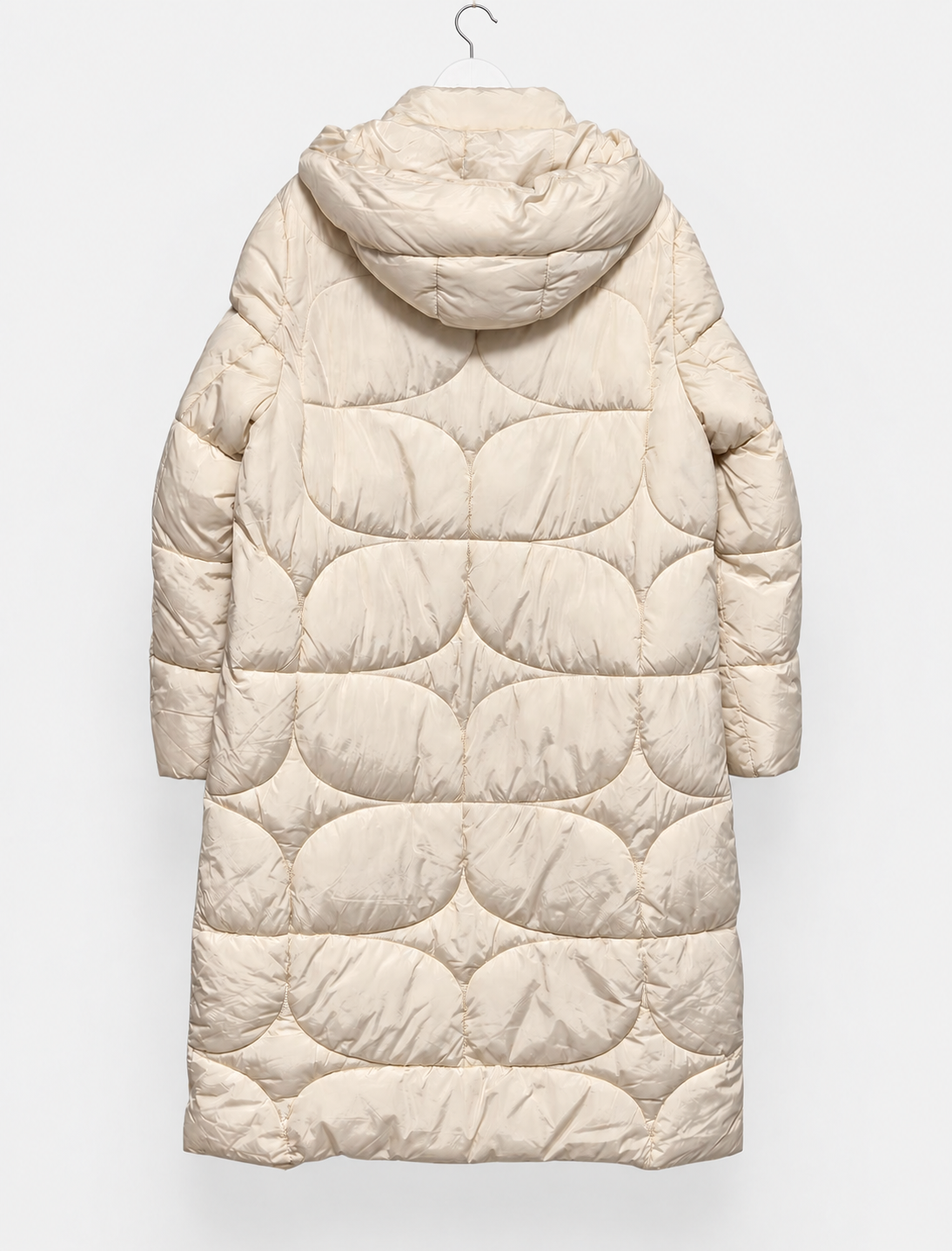 Langer Steppmantel mit Kapuze in Creme