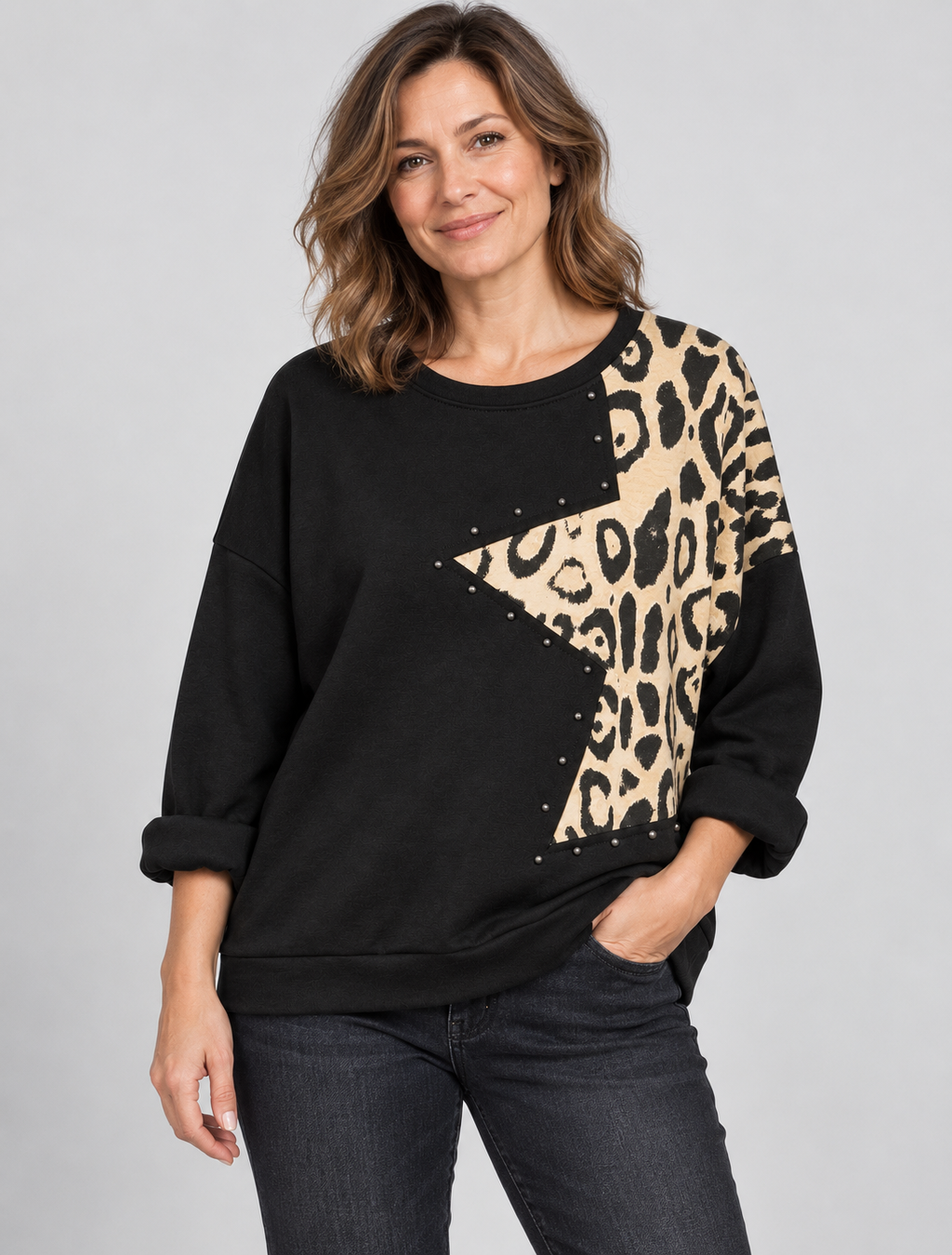 Made in Italy Shirt mit Leo-Einsatz und Nieten | Gr. 40-46 | Schwarz und Cremeweiß