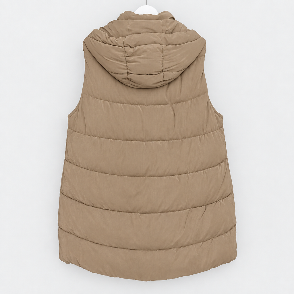 Lange Steppweste in Taupe mit Kapuze | Gr. L und XL