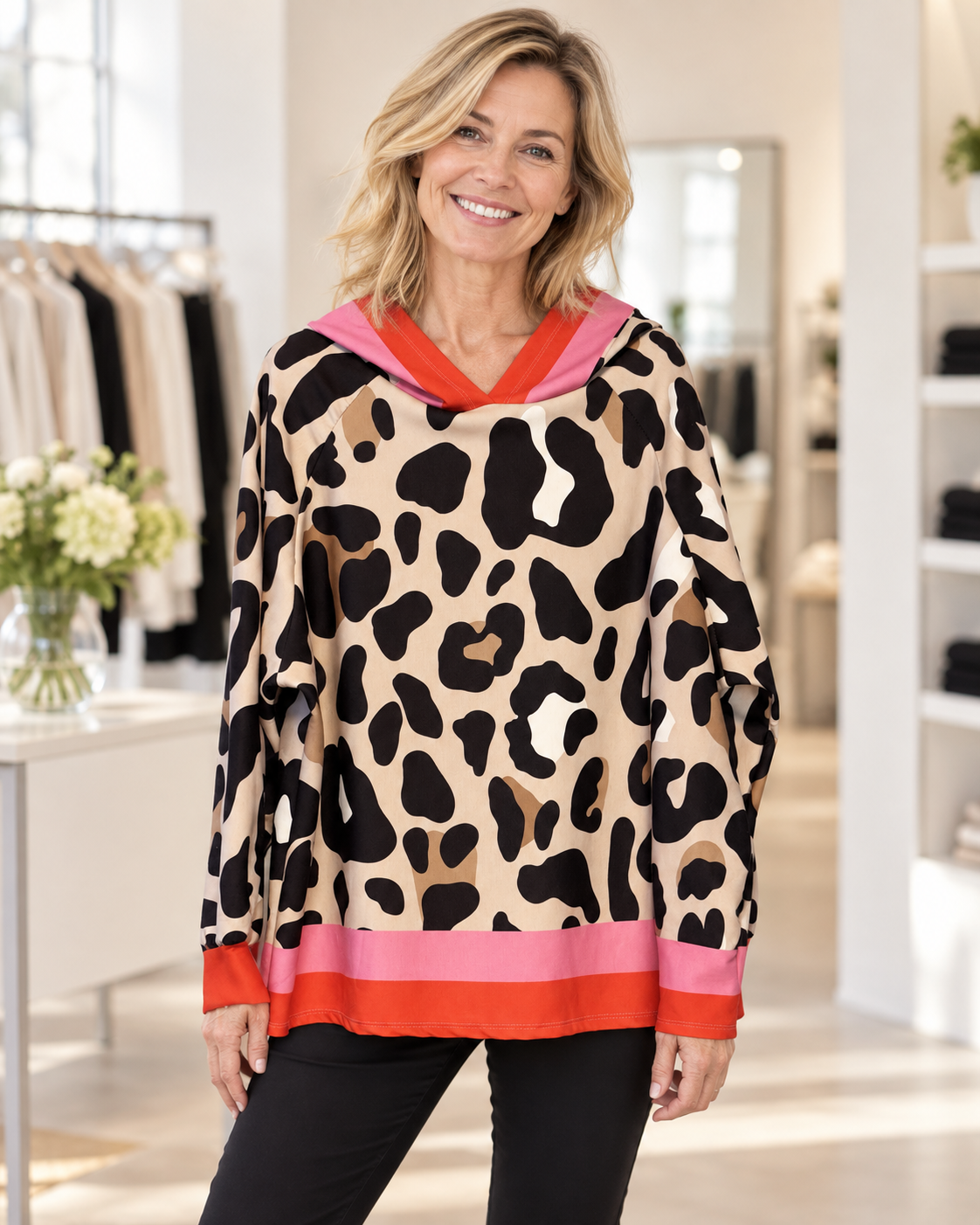 Leo-Hoodie mit pink-roten Kontrastdetails | Gr. 40-46