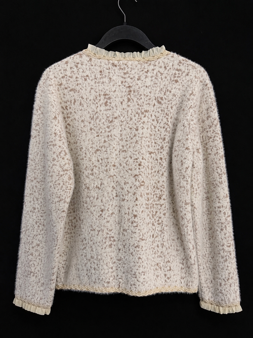 Elegante Strickjacke / Blazer in Cremeweiß it Boucle´-Optik in Chanel-Stil & Schmuckknöpfen Leopardenmuster Gr. XL