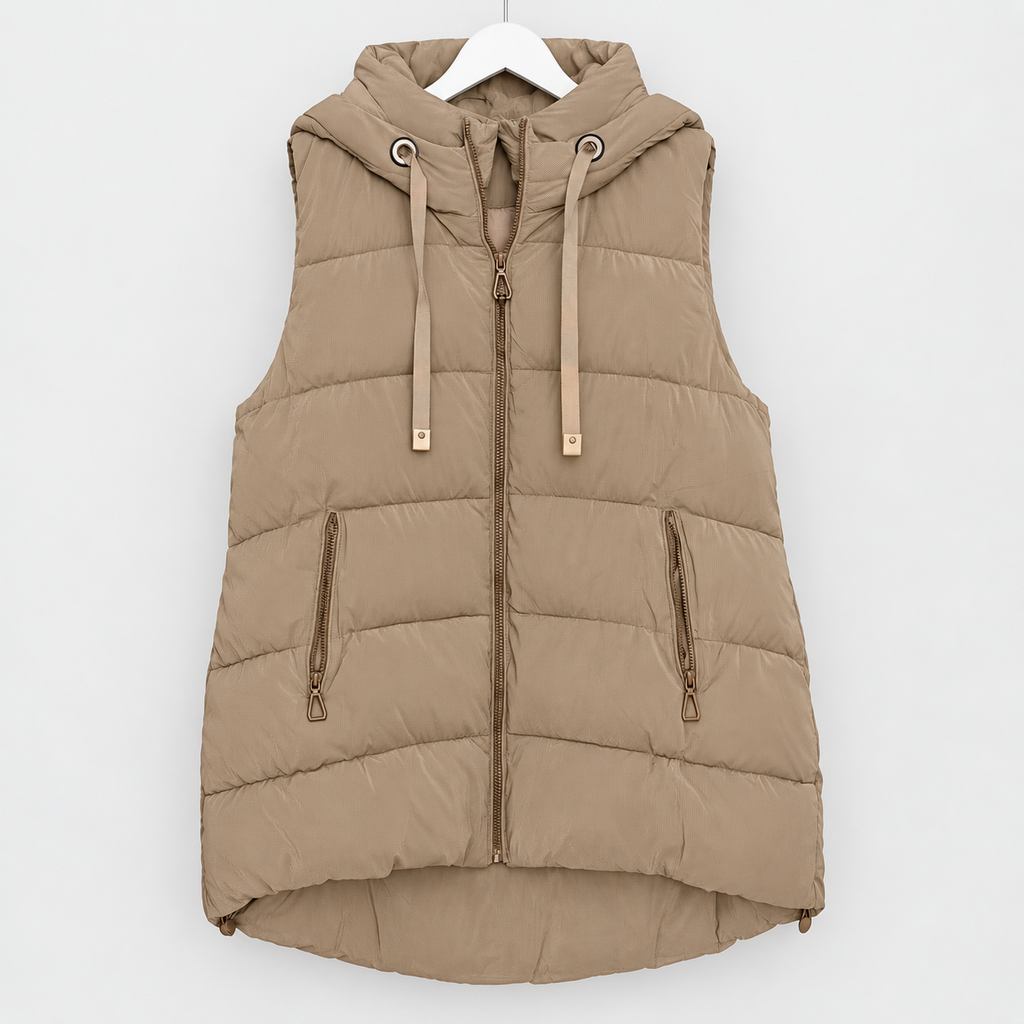 Lange Steppweste in Taupe mit Kapuze | Gr. L und XL