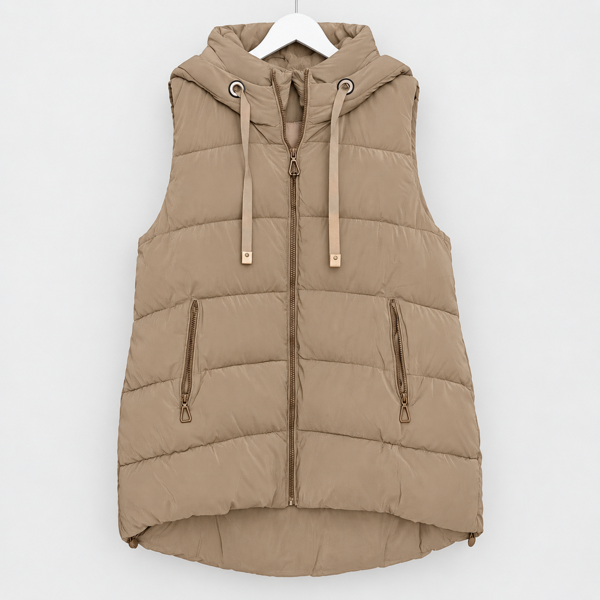 Lange Steppweste in Taupe mit Kapuze | Gr. L und XL