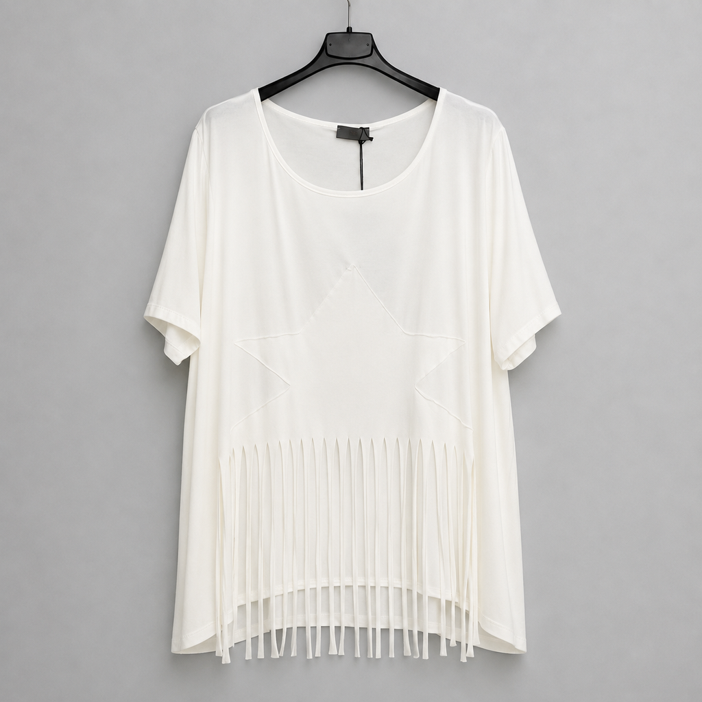Weißes Shirt mit Stern-Applikation und Fransen  Gr. 40-50