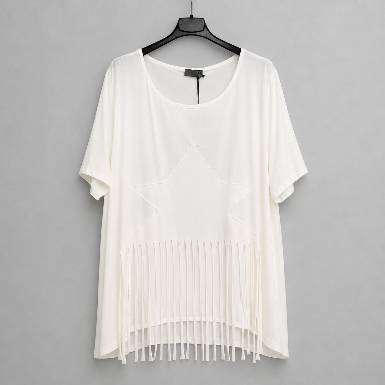 Weißes Shirt mit Stern-Applikation und Fransen  Gr. 40-50