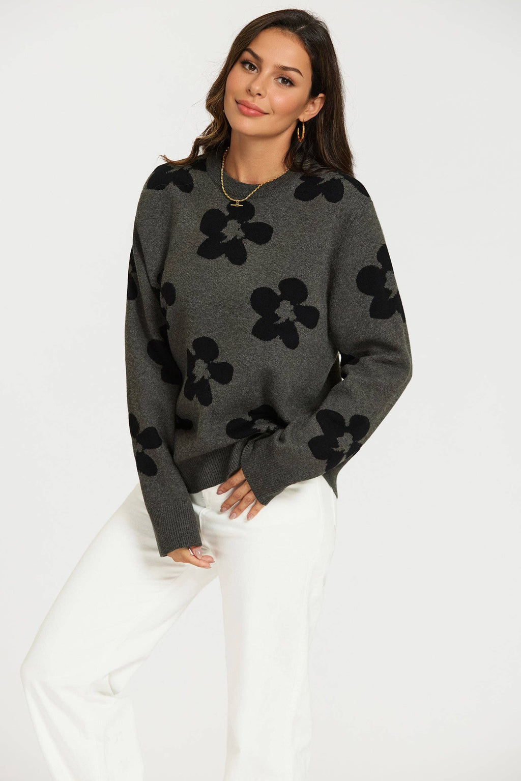 Grey knitted sweater with floral pattern Gr. 40-42