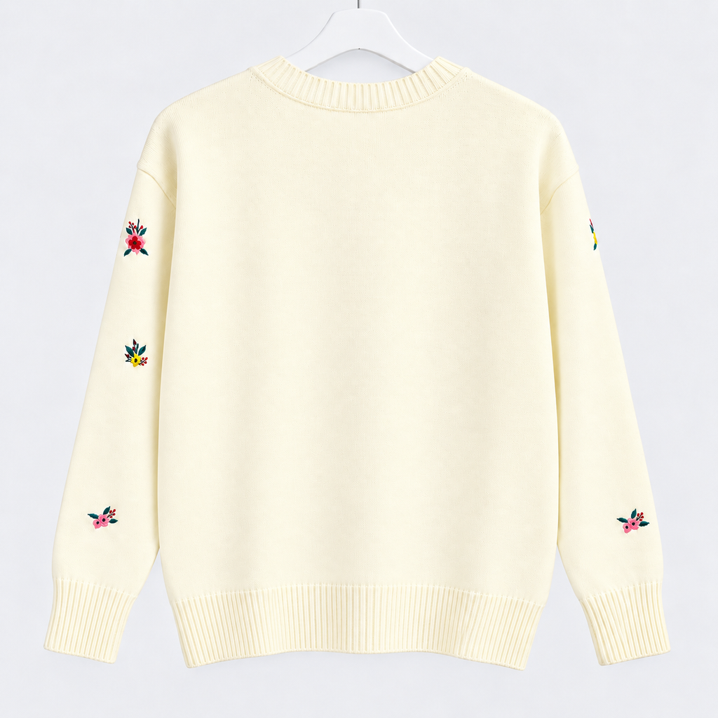 Pullover in Creme mit Blumenstickerei Gr. 40-42