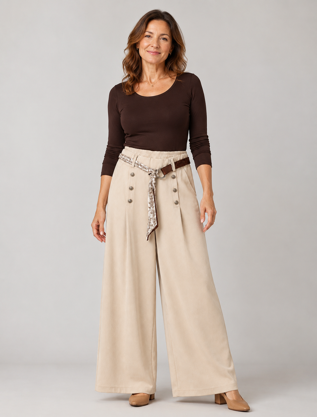 Marlenehose mit Flechtgürtel/Tuch | weites Bein | Gr. 40-46 | Schwarz und Beige