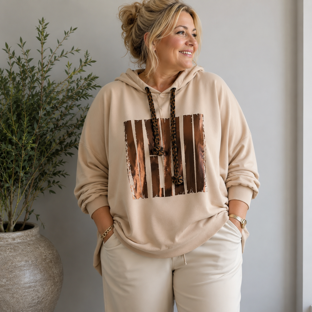Oversize-Damenhoodie mit Metallic-Print | Curvy | Gr. 44-50 | Rückseite länger - Beige