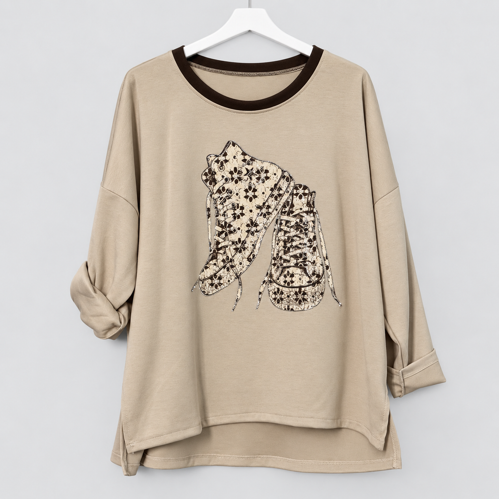 Oversize-Shirt mit Sneaker-Motiv und Strass | Gr. 40-46 | verschiedene Farben