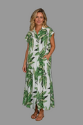 V Milano Italy | Blusenkleid mit Taschen und Gürtel | Grün-Weißes Tropical-Design | Größe L