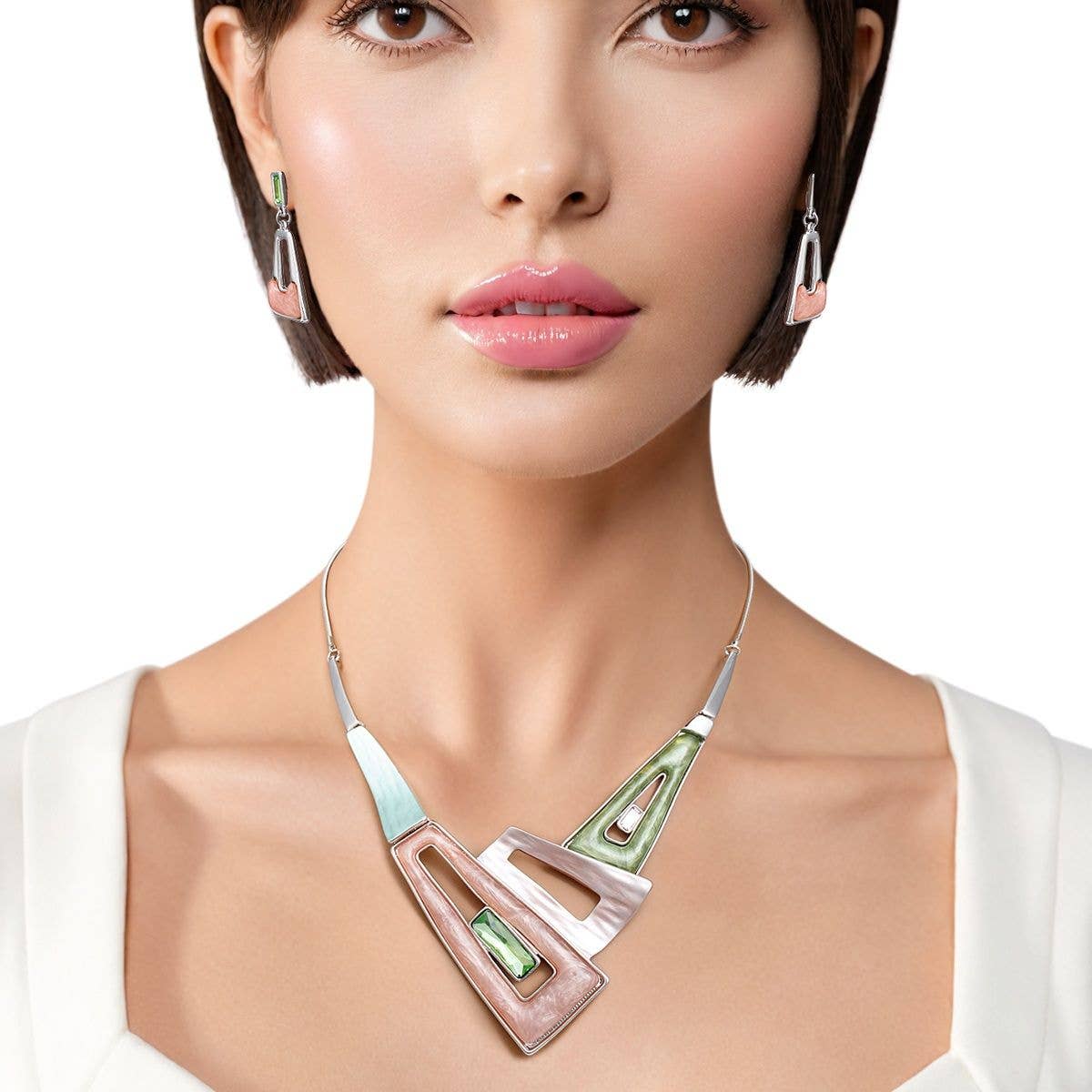 AKA Kragen Pink Grün Geometrisches Schlangenkettenset  |  Rhodium