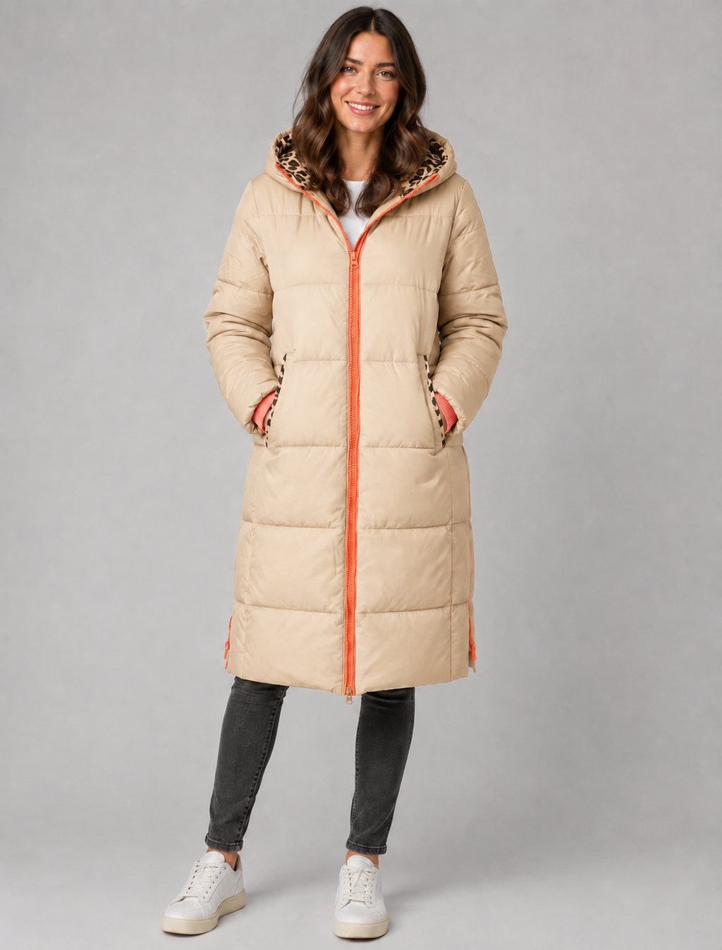 Langer Steppmantel  Zwillingsherz-  Beige