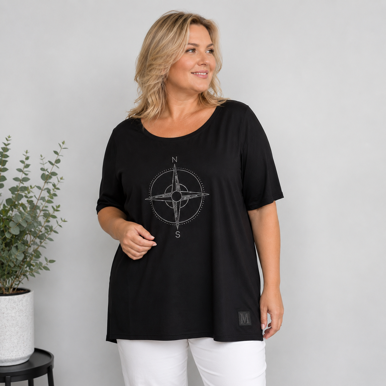 Schwarzes Longshirt mit Glitzer-Kompass - Damen Oversize | Gr. 46-50