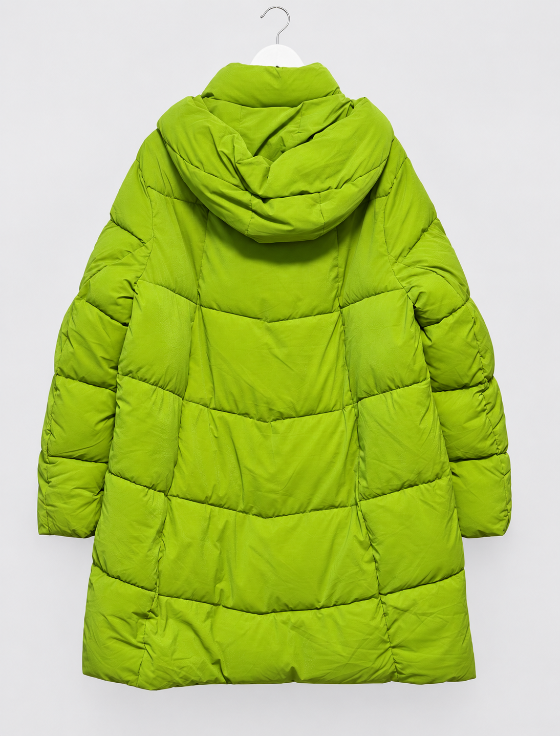 Limettengrüne Steppjacke, knielang mit Kapuze