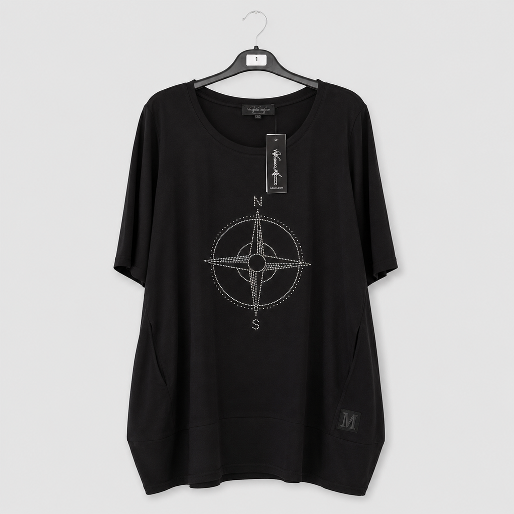 Schwarzes Longshirt mit Glitzer-Kompass - Damen Oversize | Gr. 46-50