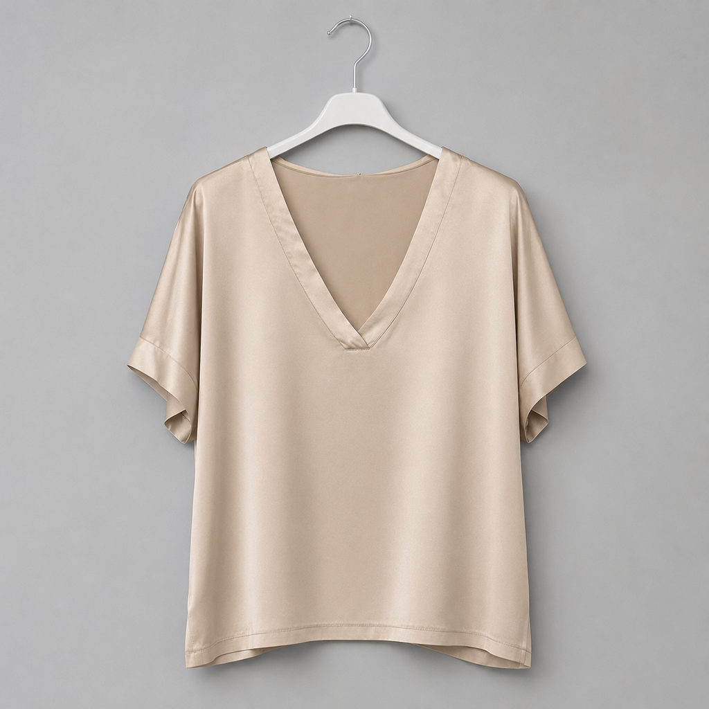 Champagnerfarbenes Satin-Shirt mit V-Ausschnitt Gr. 38-44