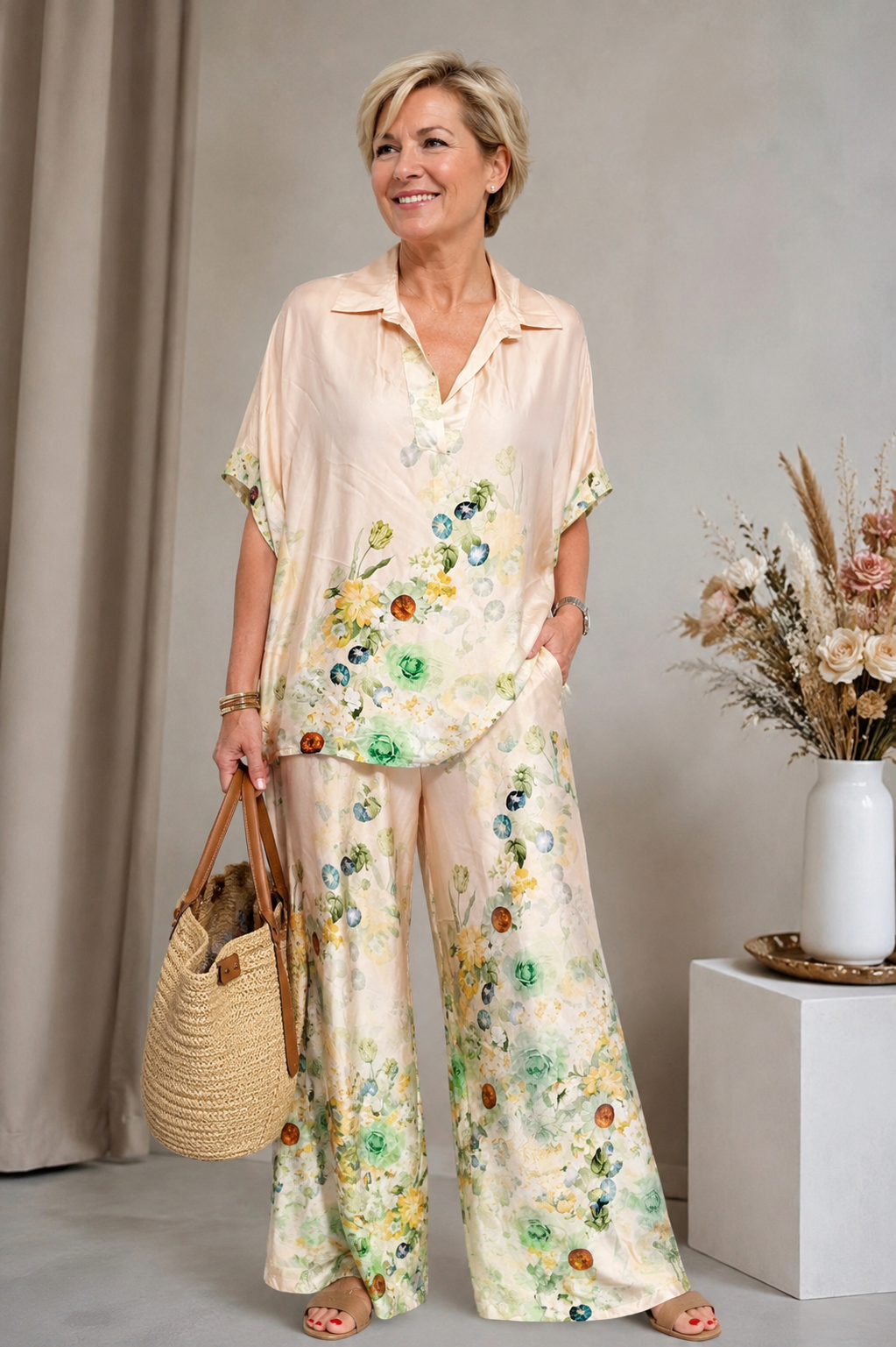Florales Sommer-Ensemble  in Grün-Creme | Gr. 38-44