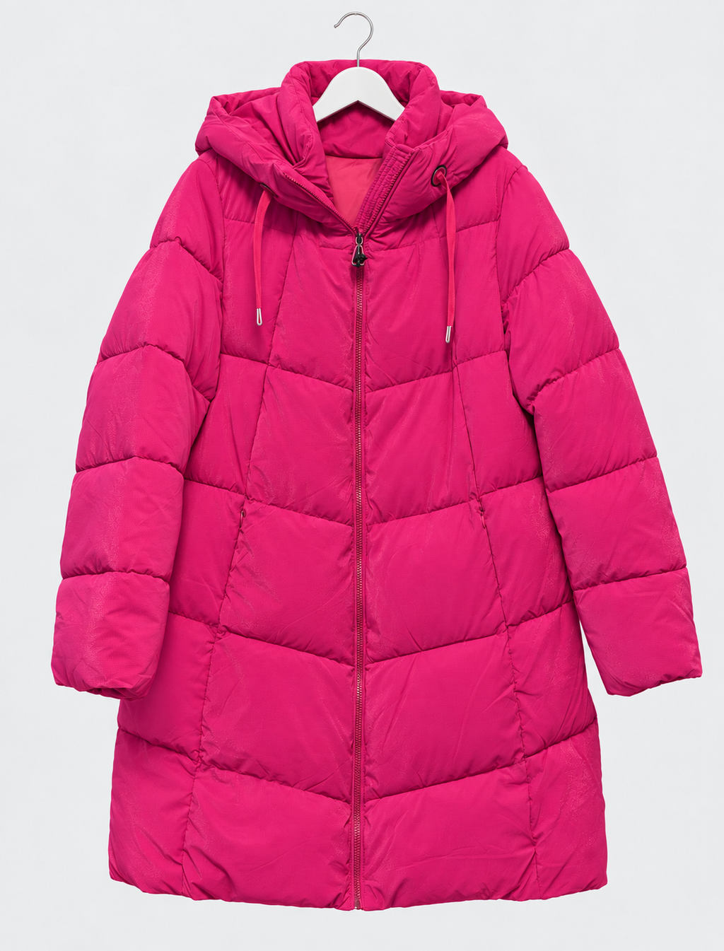 Pinkfarbene Steppjacke, knielang mit Kapuze