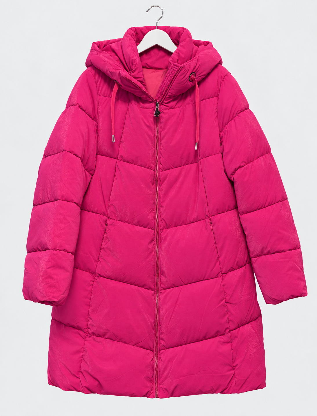 Pinkfarbene Steppjacke, knielang mit Kapuze