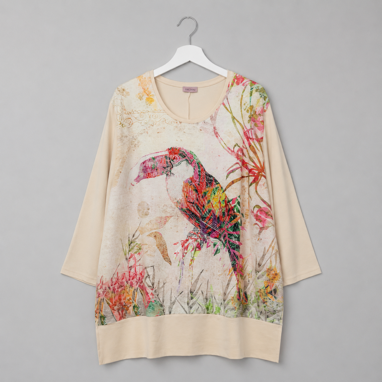 Longshirt mit Tukan.Print- Damen-Shirt Oversize Creme
