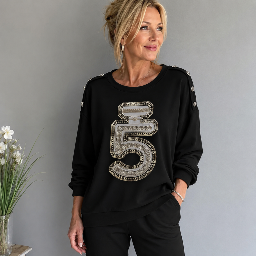 Damen-Sweatshirt mit Strass-Applikation und Schulterknöpfen | Gr. 40-46 | Schwarz