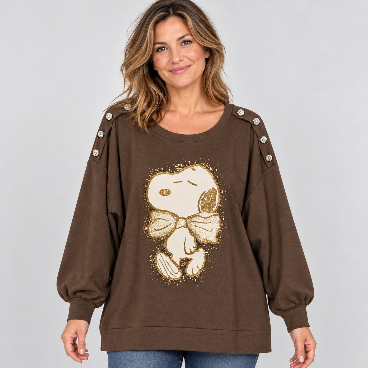Oversize-Shirt mit Comic-Hund,Strass und Schmuckknöpfen | Gr. 42-46 | Braun