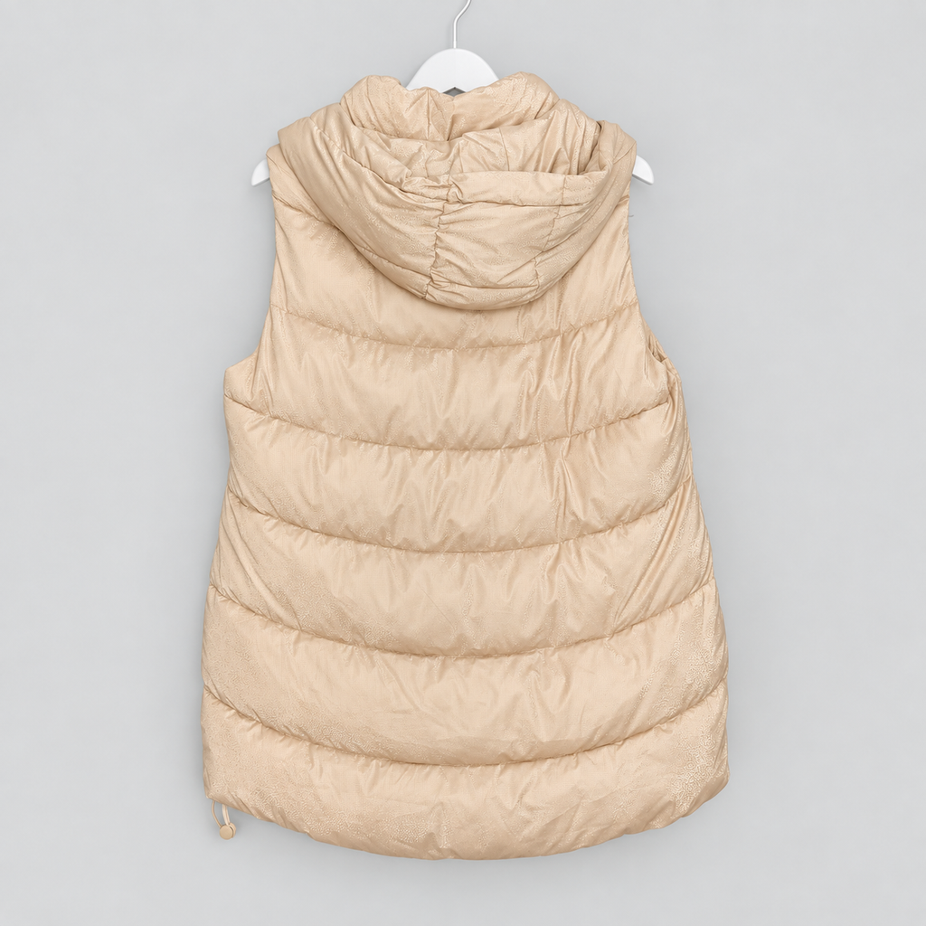 Lange Steppweste in Creme mit Kapuze | L und XL