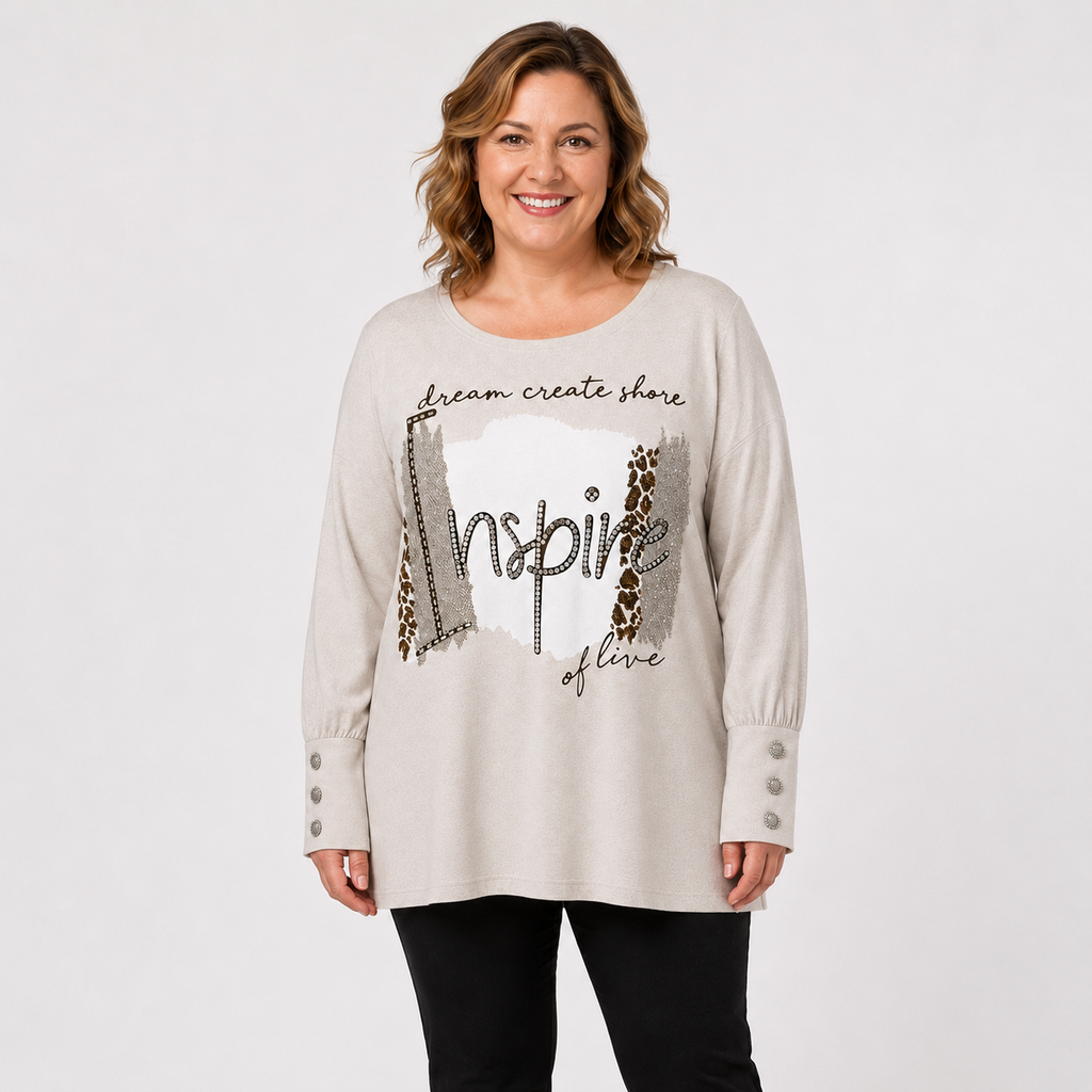 Curvy Longshirt  | Taupe mit Strassprint und Schmuckmanschetten | Gr. 44-50