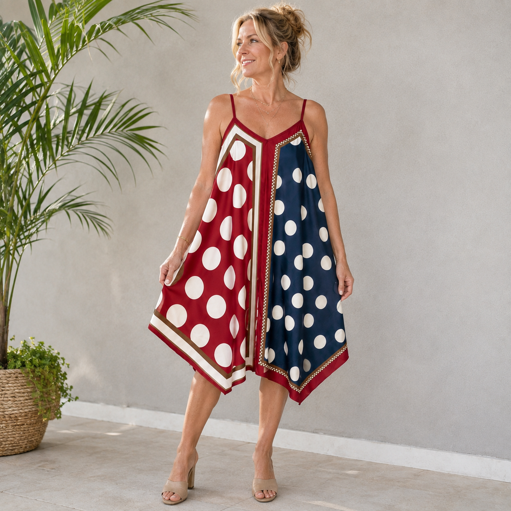 Punktekleid in Rot & Marine - luftiges Sommerkleid mit Spagettiträger Gr. 38-42