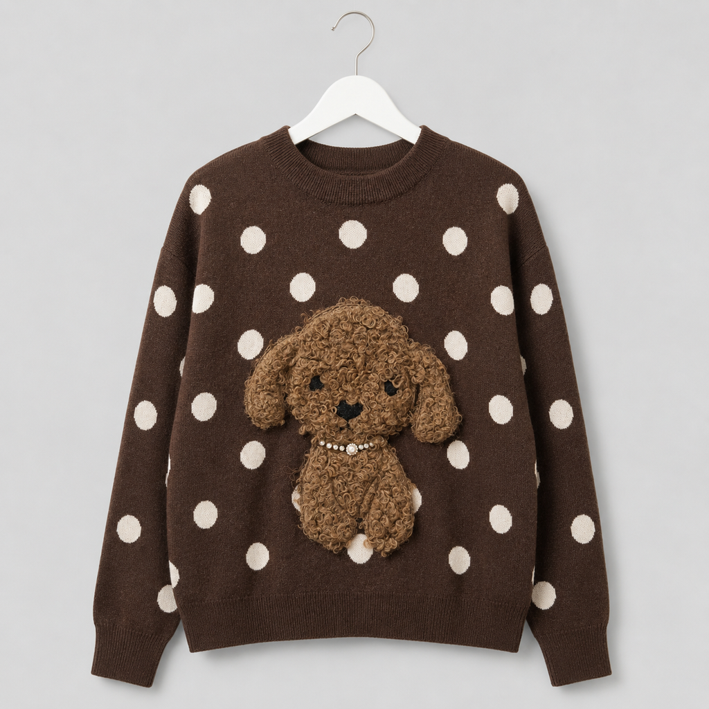 Pudelpullover mit 3D-Applikation und Perlendetails-Mokkabraun-Gr. 38-42