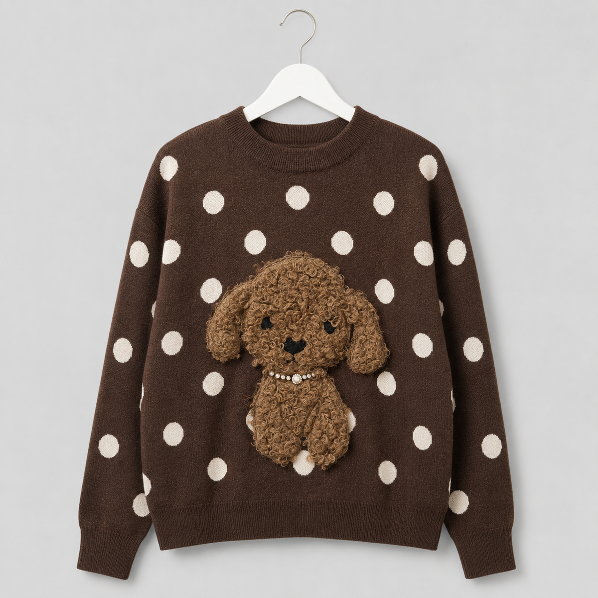 Pudelpullover mit 3D-Applikation und Perlendetails-Mokkabraun-Gr. 38-42