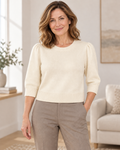 Kurzer Feinstrickpullover mit femininen Puffärmeln in Creme und Beige | Gr. 36-40