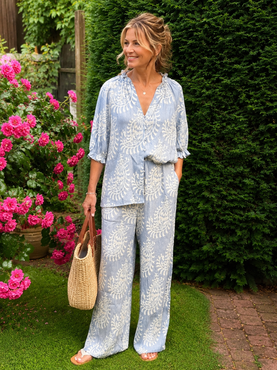 Damen-Zweiteiler mit Paisley-Muster | Bluse und Hose | Gr. 38/40