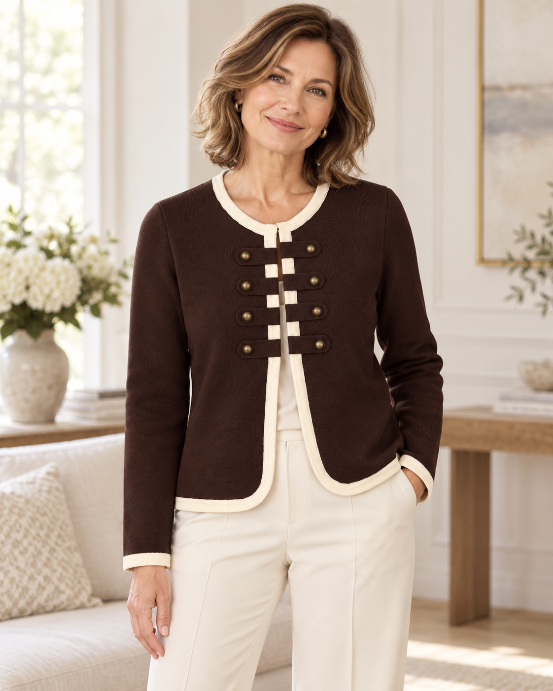 Elegante Strickjacke mit Kontrastdetails und Hakenverschluss | Gr. 38