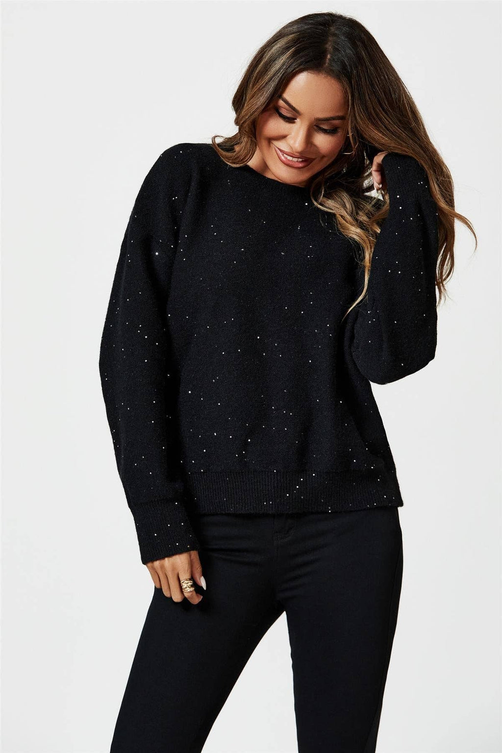 Pailletten-Pullover-Top in Schwarz: Schwarz / 42-44