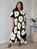 Maxikleid „Blütenzauber" - Schwarz/Weiß mit floralem Print Gr. 48-56