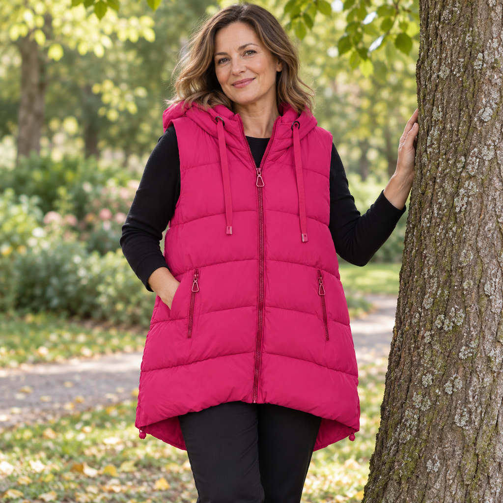 Lange Steppweste in Pink mit Kapuze Gr. XL