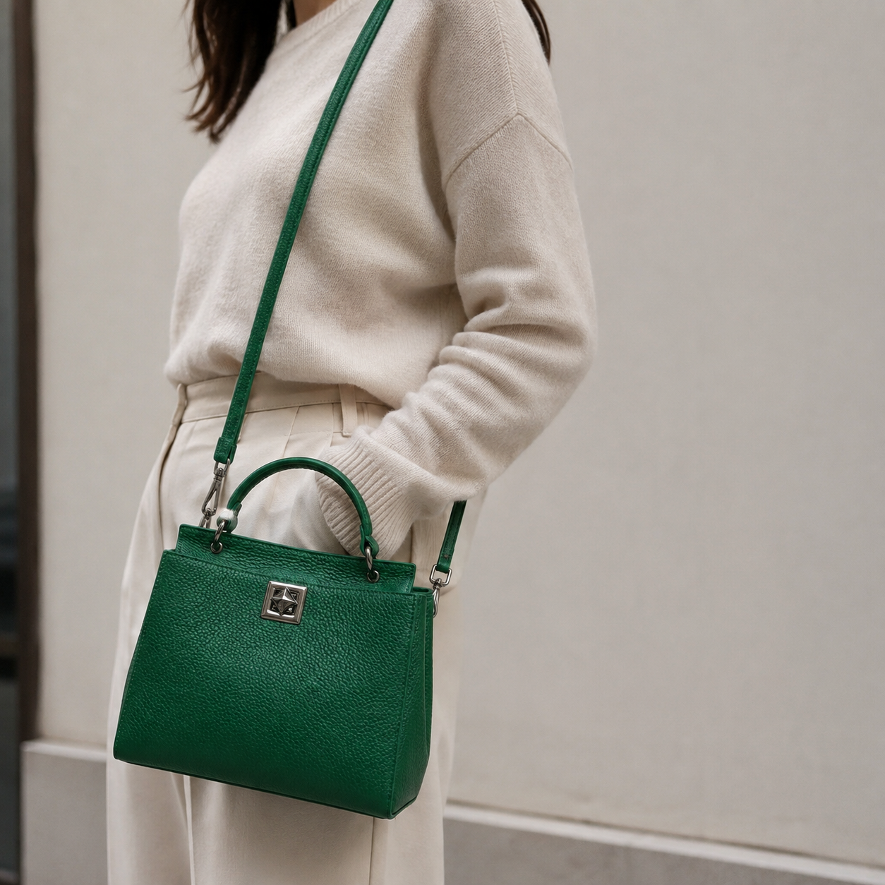Italienische Echtleder-Handtasche in Grün - zeitlos & elegant