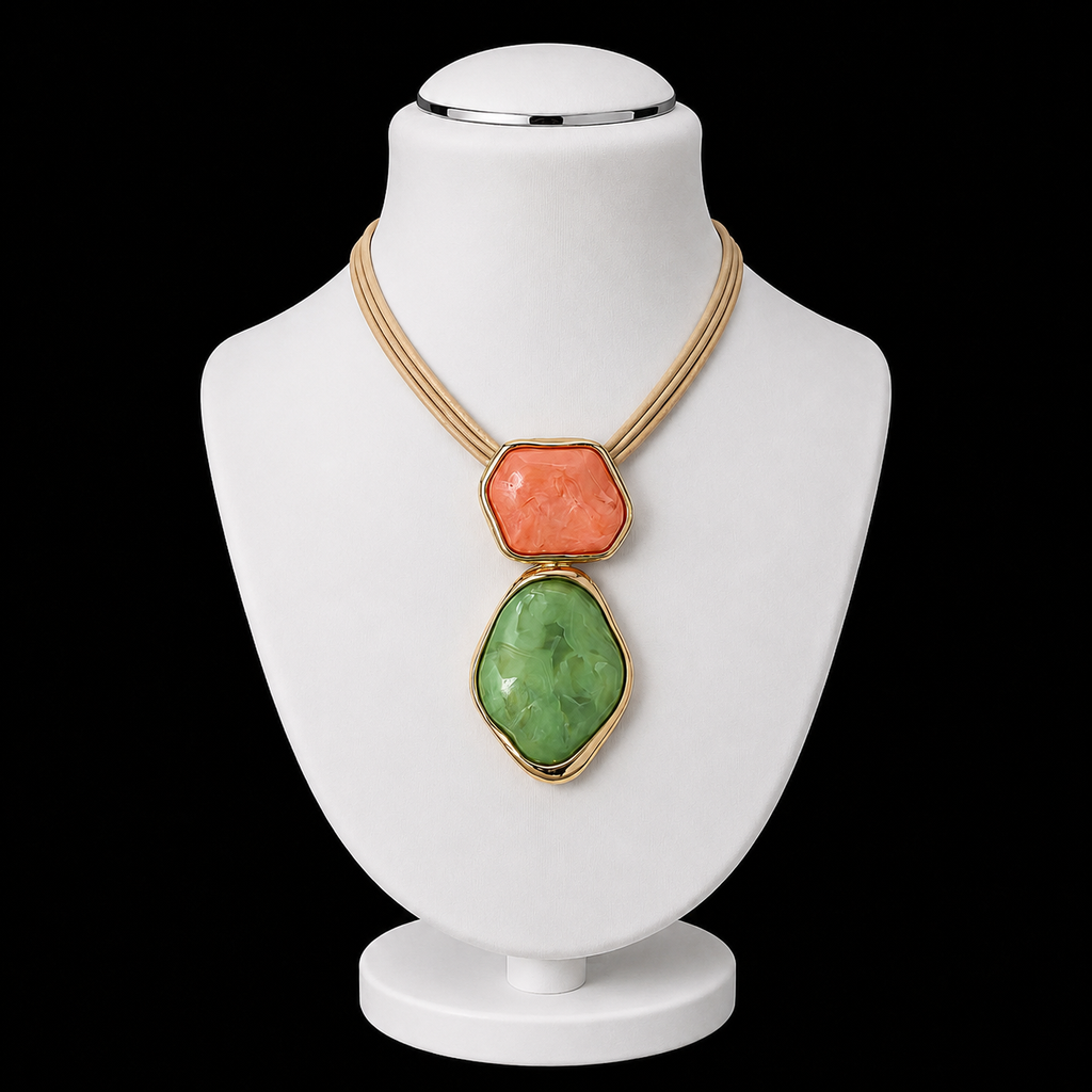 AKA Pink Green Dimensional Lederhalskette | Pink - Green / Plating: Gold