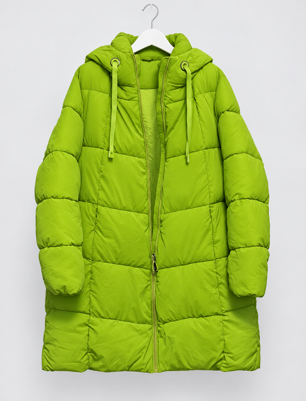 Limettengrüne Steppjacke, knielang mit Kapuze