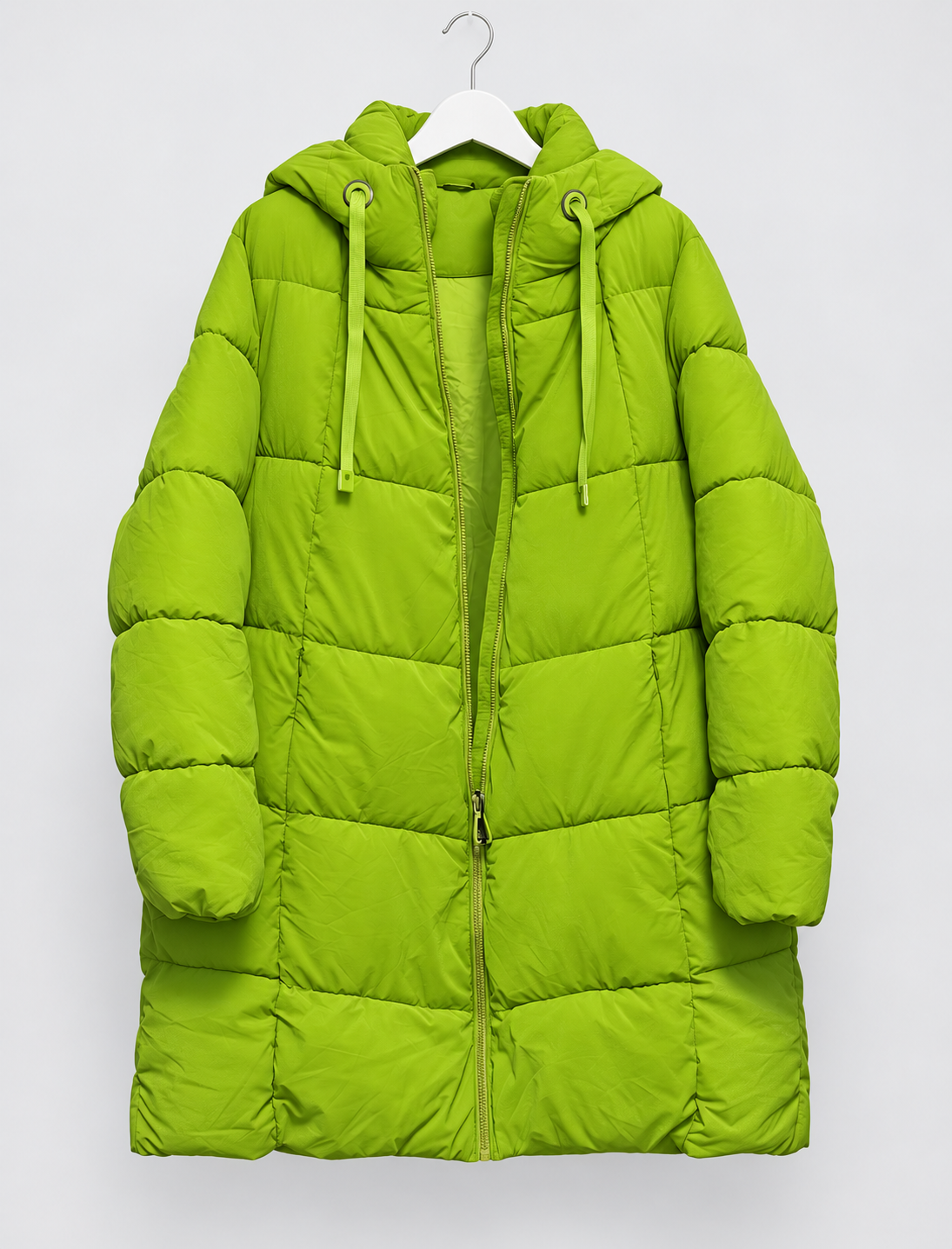 Limettengrüne Steppjacke, knielang mit Kapuze