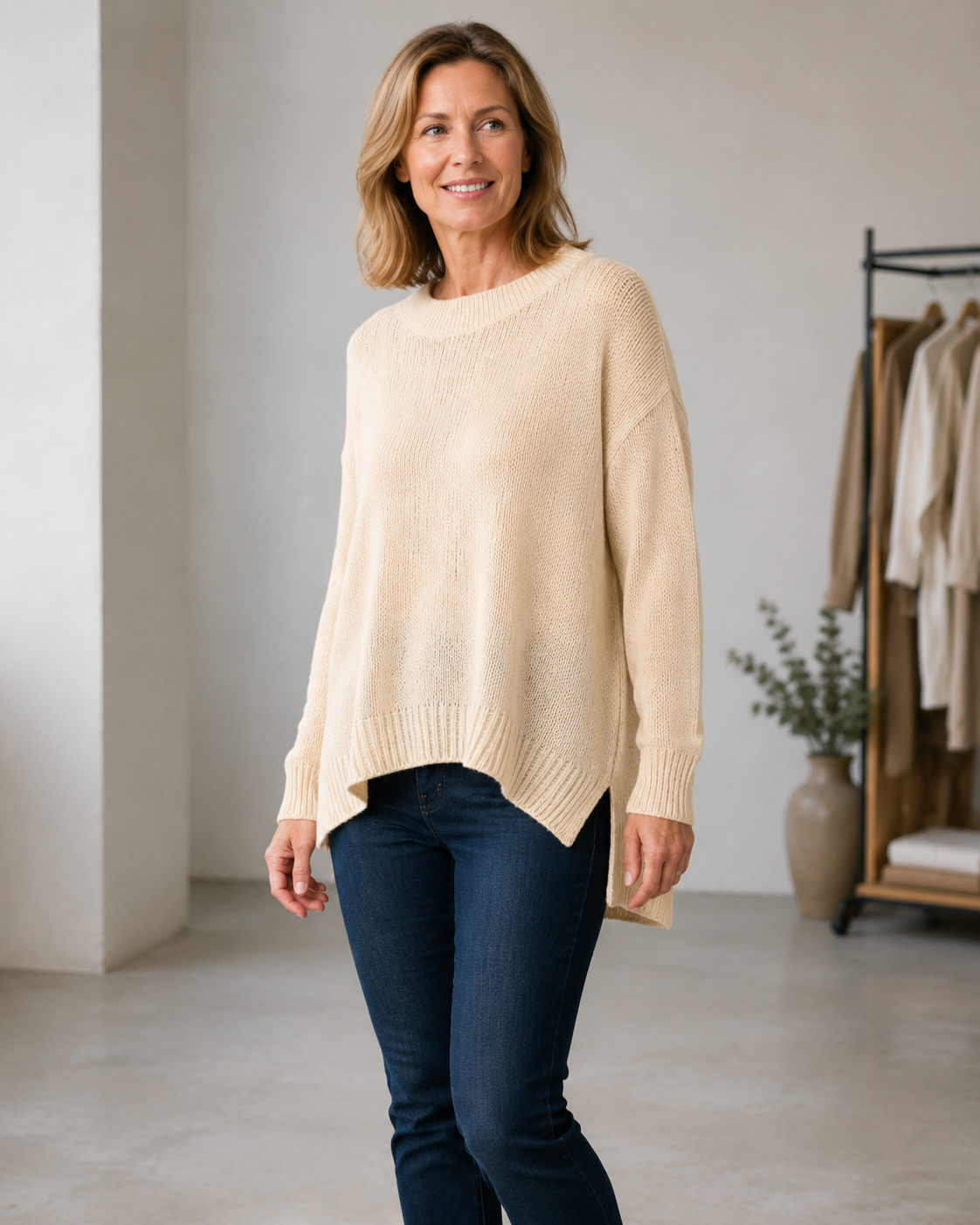 Oversize-Strickpullover in Creme und Schwarz mit Wollanteil | Gr. 38-44