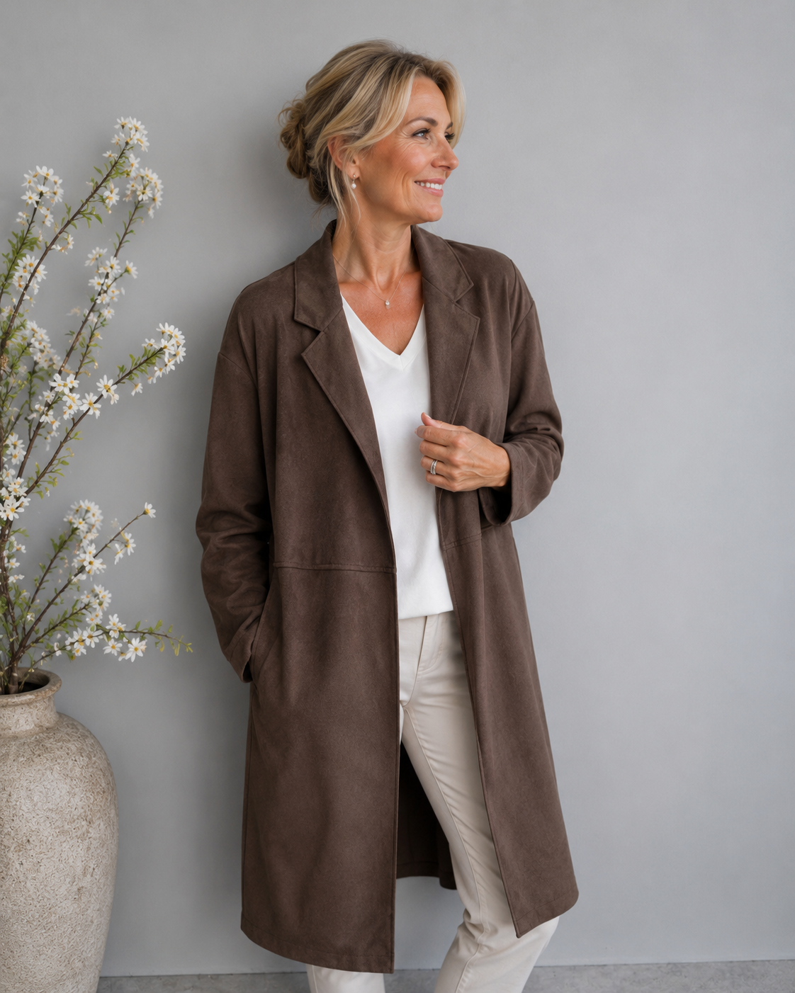 Long-Cardigan in Velourleder-Optik | Gr. 40-44 | Mocca