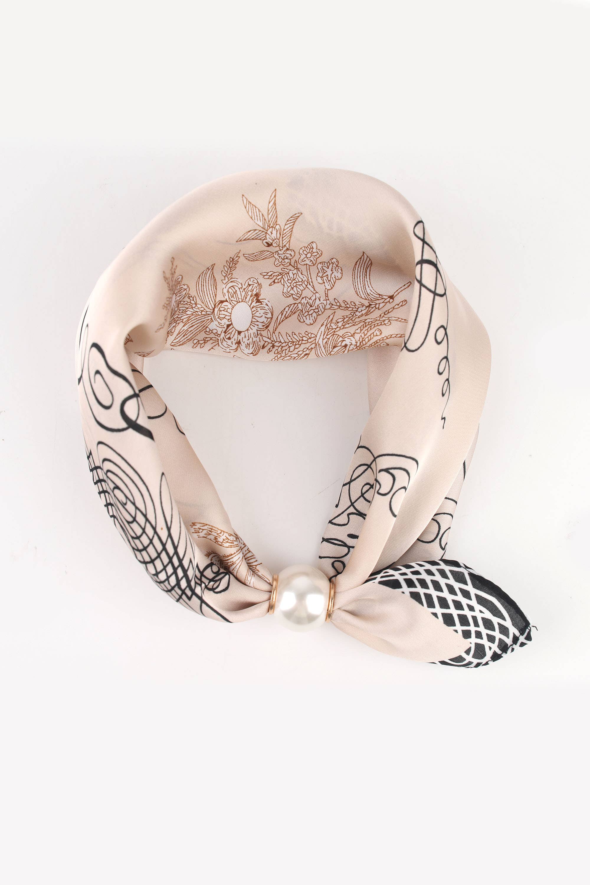 Künstlerisch bedrucktes Satin-Halstuch  | Magnetverschluß mit Perle  | Beige
