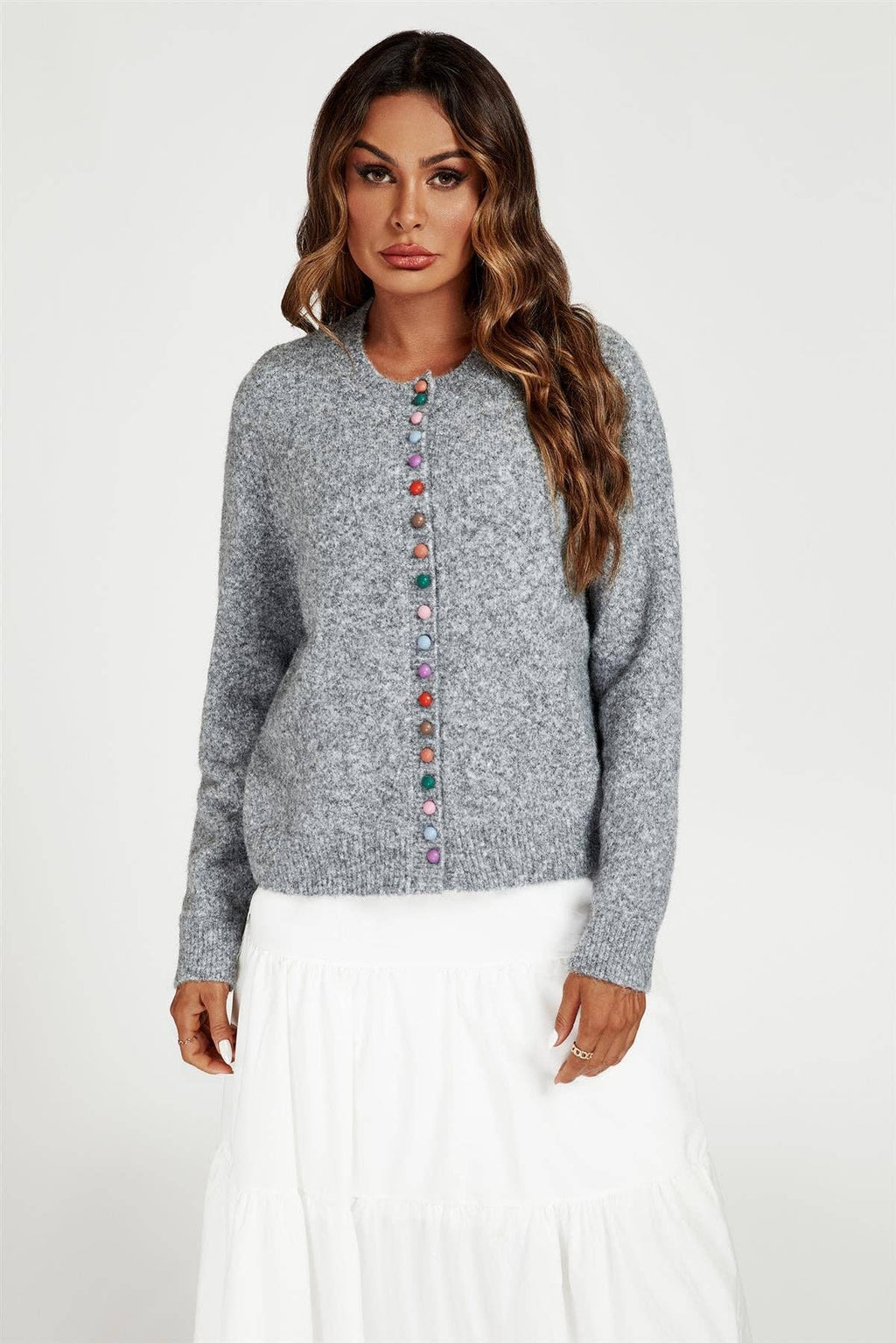 Cardigan in Grau mit bunten Regenbogenknöpfen Gr. 36-38