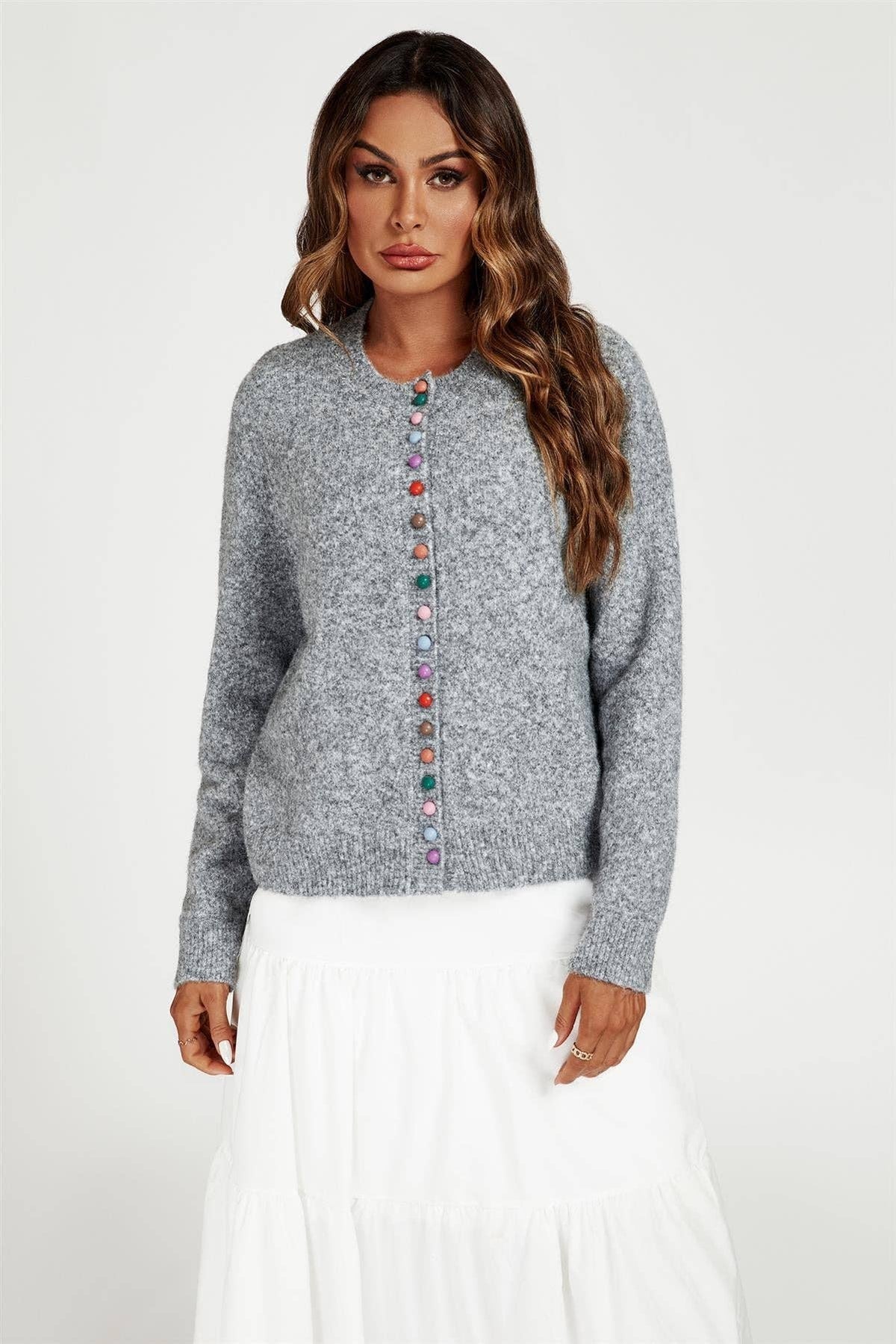 Cardigan in Grau mit bunten Regenbogenknöpfen Gr. 36-38