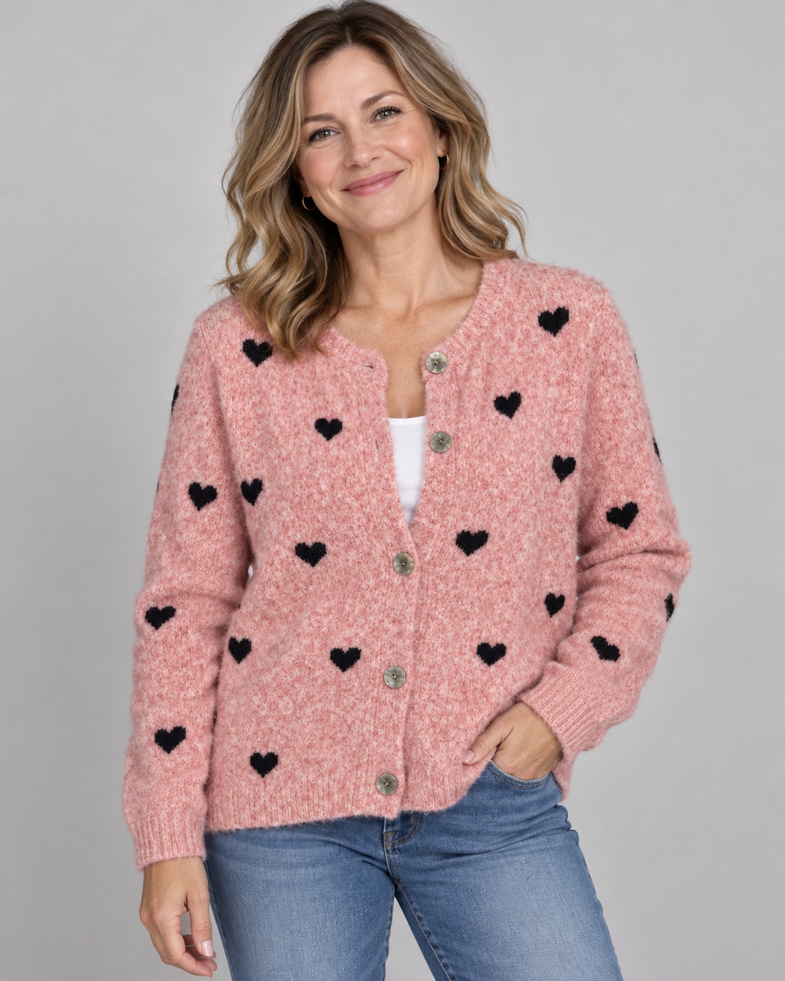 Strickjacke mit Herzmuster und Knöpfen | Gr. 38-44 | verschiedene Farben